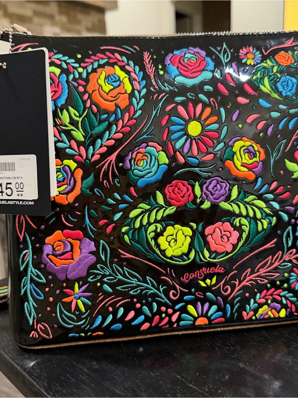Consuela Black Multicolor Floral Embroidered Pouch